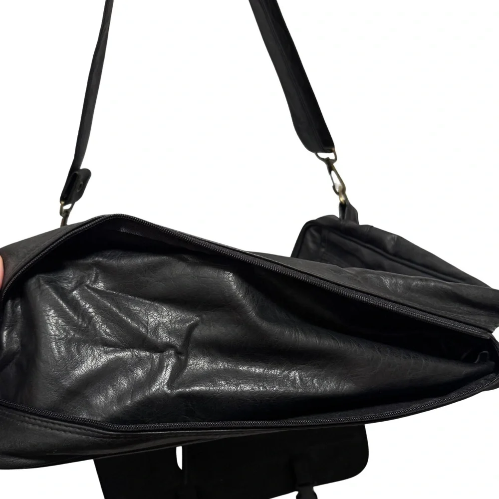 Vintage Black Leather Messenger Laptop Bag Multi Pocket Work Bag Toppers